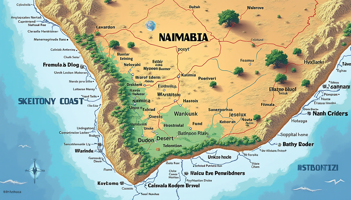 explorez la carte détaillée de la namibie pour planifier votre voyage en toute sérénité et découvrir les sites incontournables de ce pays fascinant.